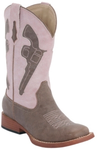 Roper® Kids Brown w/ Pink Pistol Top Square Toe Western Boots