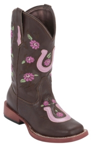 Roper® Kids Chocolate w/ Pink Horseshoe & Flowers Square Toe Western Boots