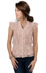 Color Fx® Women's Blush Pink Lace Button Down Peplum Top