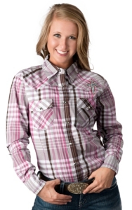 Cowgirl Hardware® Women's White, Pink & Brown Plaid with Zebra Cross Long Sleeve Western Shirt