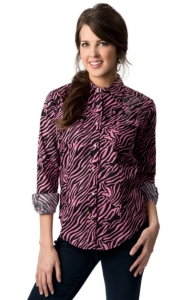 Cowgirl Hardware® Juniors Pink and Black Zebra Print with Studded Winged Cross Long Sleeve Western Shirt