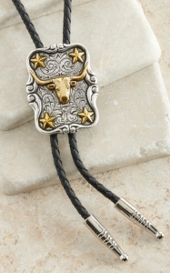 M&F Western Products® Antiqued Silver w/ Gold Longhorn & Stars Bolo
