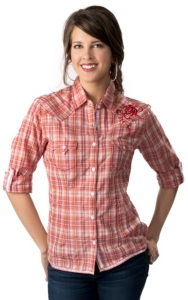 Panhandle Slim® Women's Pink, Orange & Brown Plaid Long Sleeve Western Shirt
