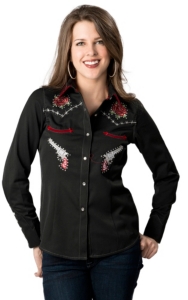 Panhandle Slim® Women's Black w/ Rose & Barbwire Embroidery Long Sleeve Retro Western Shirt