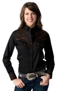 Panhandle Slim® Women's Black Ridin Hard w/ Brown Embroidery Long Sleeve Retro Western Shirt