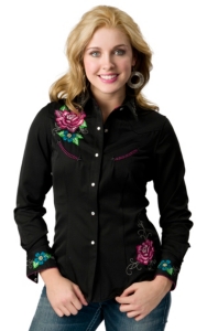 Panhandle Slim® Women's Black Tattoo My Heart with Floral Embroidery Long Sleeve Retro Western Shirt