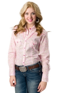 Panhandle Slim® Women's Pink, Tan and White Leaf Print Long Sleeve Western Shirt