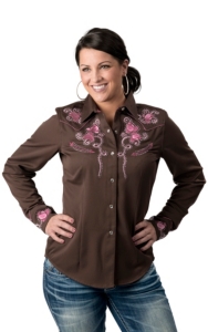 Panhandle Slim® Women's Brown Simply Charming w/ Pink Floral Embroidery Long Sleeve Retro Western Shirt