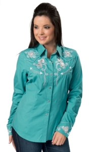Panhandle Slim® Women's Turquoise Retro Floral Embroidery with Crystals Long Sleeve Western Shirt