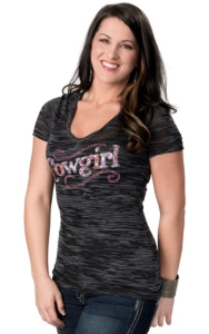 Cowgirl Hardware® Juniors Black and Grey Sassy Cowgirl with Studs Burnout Short Sleeve Tee