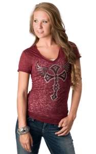 Cowgirl Hardware® Juniors Wine with Rhinestone Winged Cross Short Sleeve Burnout Tee