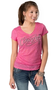 Cowgirl Hardware® Juniors Pink Cowgirl Animal Print Burnout Short Sleeve Tee
