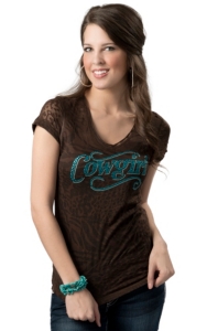 Cowgirl Hardware® Juniors Brown with Turquoise Studded Cowgirl Animal Burnout Short Sleeve Tee