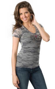 Cowgirl Hardware® Juniors Grey Studded Guns and Pink Steer Short Sleeve Burnout Tee