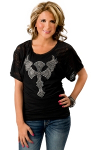 Cowgirl Hardware® Women's Black w/ Rhinestone Winged Cross Short Sleeve Tee
