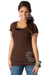 Cowgirl Hardware® Juniors Brown with Silver & Turquoise Studded Horseshoe Short Sleeve Leopard Burnout Tee