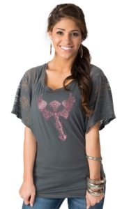 Cowgirl Hardware® Women's Grey with Pink Studded Winged Cross Short Sleeve Tee