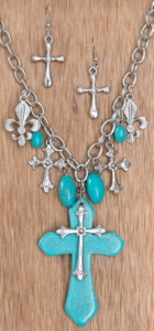 Cattilac Style® Silver & Turquoise Cross w/ Fleur De Lis Charms Jewelry Set