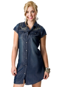 Cowgirl Hardware® Women's Iridescent Denim with Tan Horseshoe Emrboidery Short Sleeve Dress