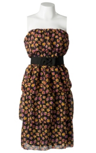 Argee® Women's Black with Pink and Yellow Flowers Tiered Ruffle w/ Bow Belt Strapless Dress - Plus Size