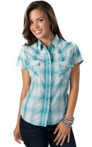 Panhandle Slim® Women's Turquoise and White Plaid with Silver Lurex Short Sleeve Western Shirt