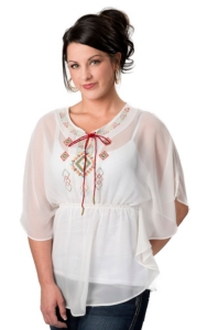 Fashion Spy® Women's White with Red and Green Embroidery and Tie Sheer Poncho Short Sleeve Fashion Top