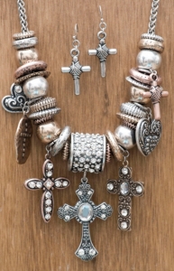 M&F Products® Silver, Bronze, and Gold Cross & Heart Charm Jewelry Set