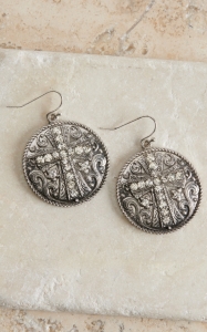 M&F Western Products® Silver Medallion with Cross and Crystals Dangle Earrings