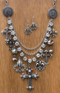 M&F Western Products® Silver Cross and Fleur de Lis Multi Layered Jewelry Set