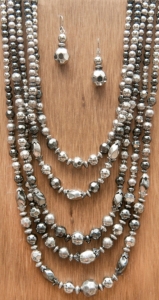 Silver Beaded 5 Strand Necklace Jewelry Set 29441