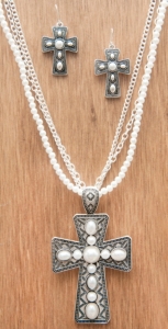 M&F Products® Silver Cross w/ Pearls 3 Chain Jewelry Set 29565