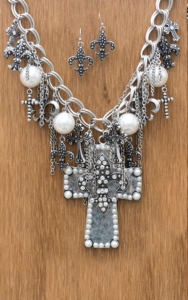 M&F Western Products® Silver Cross with Fleur de Lis and Pearls Jewelry Set