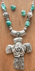 M&F Products® Silver Rose Cross w/ Turquoise Beads Jewelry Set 29569