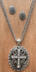 M&F Products® Silver Cross Pendant w/ Crystals Jewelry Set 29583