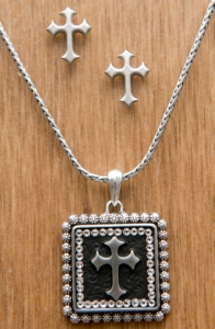 M&F Western Products® Silver Square Cross with Crystals Necklace and Earrings Jewelry Set