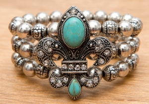 M&F® Antiqued Silver with Turquoise Fleur de Lis 3 Strand Beaded Elastic Bracelet