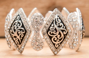 M&F® Silver Diamond with Black and Crystals Stretch Bracelet