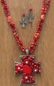 M&F Products® Red Stone Strand & Cross Pendant Jewelry Set