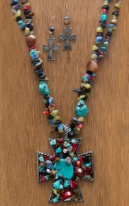 M&F Products® Multi-Colored Stone Strand & Cross Pendant Jewelry Set
