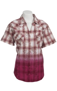 Cumberland Outfitters® Women's Brown and Pink Plaid Dip Dye Floral Overprint Short Sleeve Western Shirt - Plus Sizes