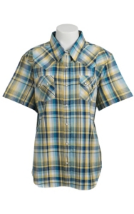 Cumberland Outfitters® Women's Blue and Yellow Plaid Short Sleeve Western Shirt - Plus Sizes