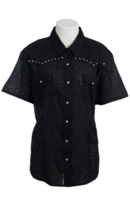 Cumberland Outfitters® Women's Black Leopard with Rhinestones Short Sleeve Burnout Western Shirt - Plus Sizes