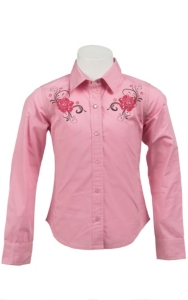 Cumberland Outfitters® Girl's Pink w/ Rhinestone Rose & Swirl Long Sleeve Western Shirt