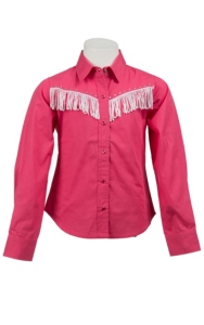Cumberland Outfitters® Girl's Hot Pink w/ White Fringe Long Sleeve Western Shirt