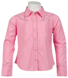 Cumberland Outfitters® Girl's Pink w/ Rhinestone Horseheads Long Sleeve Western Shirt