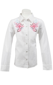 Cumberland Outfitters® Girl's White w/ Swirl Cross Long Sleeve Western Shirt