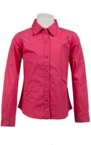 Cumberland Outfitters® Girl's Fucshia w/ Rhinestone Yoke Long Sleeve Western Shirt