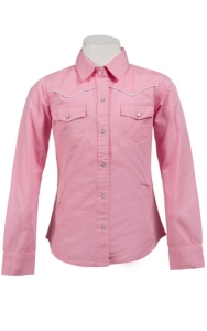 Cumberland Outfitters® Girl's Pink w/ White Piping Long Sleeve Western Shirt