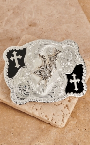 Montana Silversmiths® Silver with Black and Crosses Bull Rider Scalloped Belt Buckle
