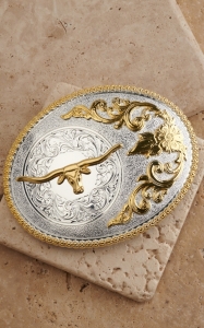 M&F Western Products® Large Oval Boxed Gold Longhorn Silver Buckle